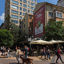 SOFIA, BULGARIA -MAY 20, 2018:  Walking people on Boulevard Vitosha in city of Sofia, Bulgaria