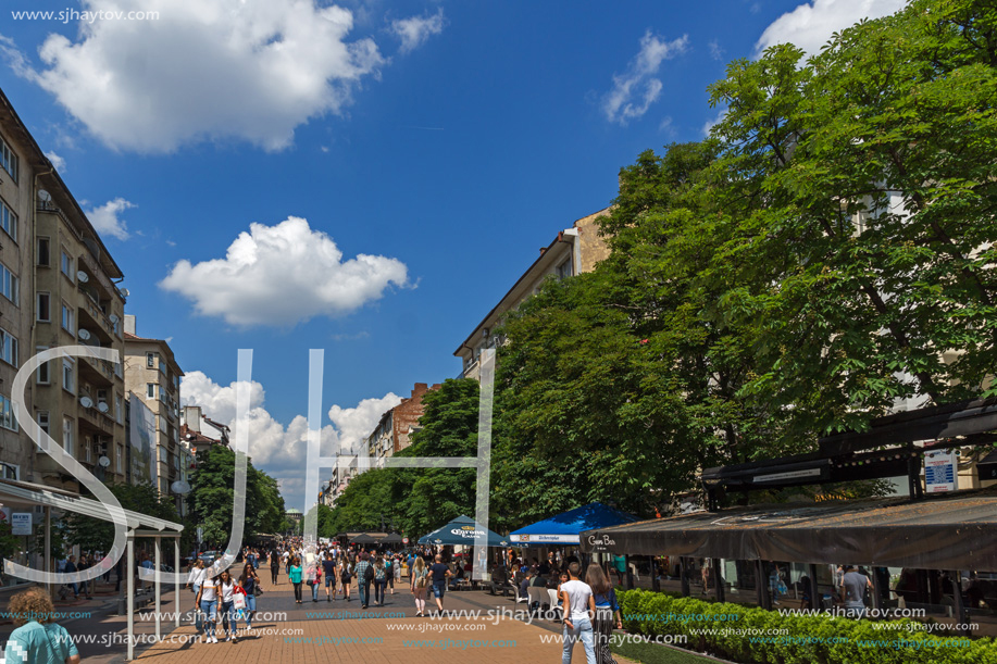 SOFIA, BULGARIA -MAY 20, 2018:  Walking people on Boulevard Vitosha in city of Sofia, Bulgaria