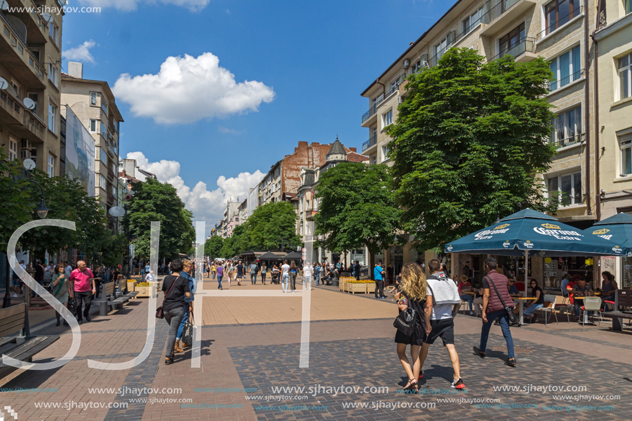 SOFIA, BULGARIA -MAY 20, 2018:  Walking people on Boulevard Vitosha in city of Sofia, Bulgaria
