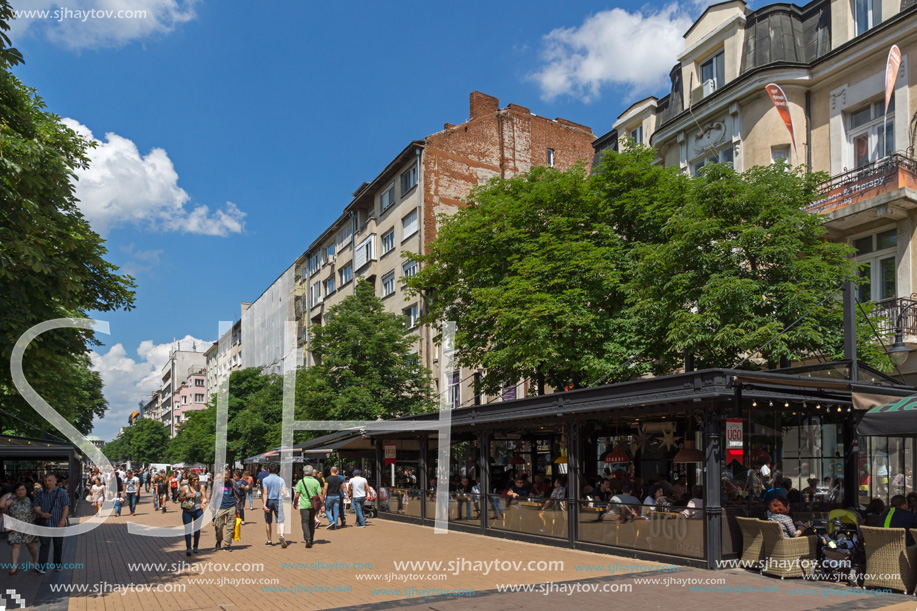 SOFIA, BULGARIA -MAY 20, 2018:  Walking people on Boulevard Vitosha in city of Sofia, Bulgaria