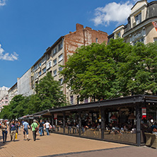 SOFIA, BULGARIA -MAY 20, 2018:  Walking people on Boulevard Vitosha in city of Sofia, Bulgaria