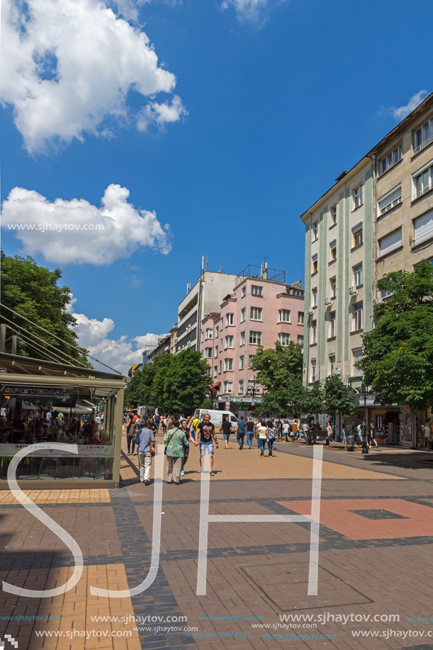 SOFIA, BULGARIA -MAY 20, 2018:  Walking people on Boulevard Vitosha in city of Sofia, Bulgaria