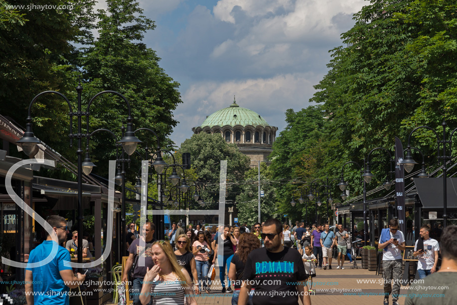 SOFIA, BULGARIA -MAY 20, 2018:  Walking people on Boulevard Vitosha in city of Sofia, Bulgaria