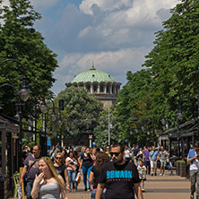 SOFIA, BULGARIA -MAY 20, 2018:  Walking people on Boulevard Vitosha in city of Sofia, Bulgaria