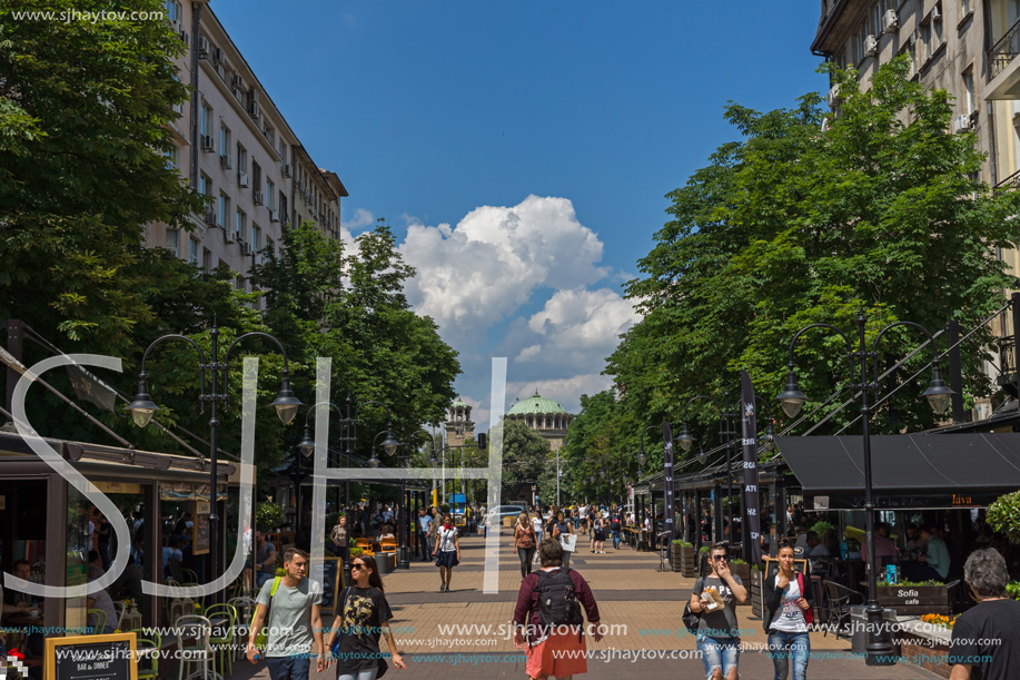 SOFIA, BULGARIA -MAY 20, 2018:  Walking people on Boulevard Vitosha in city of Sofia, Bulgaria