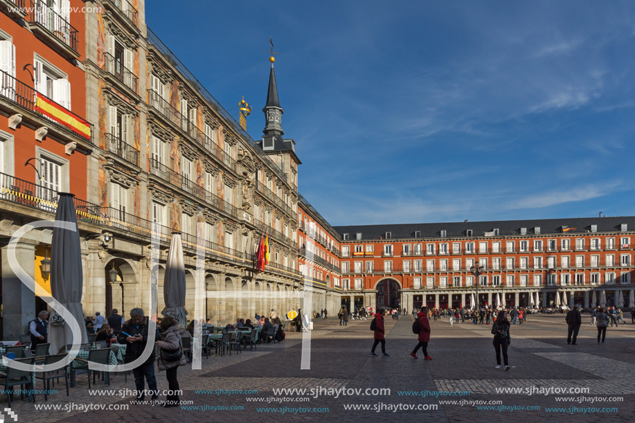 MADRID, SPAIN - JANUARY 23, 2018:  Facade of Buildings at Plaza Mayor in Madrid, Spain