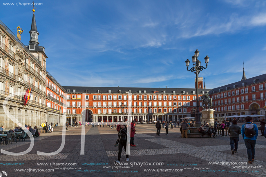 MADRID, SPAIN - JANUARY 23, 2018:  Facade of Buildings at Plaza Mayor in Madrid, Spain