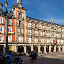 MADRID, SPAIN - JANUARY 23, 2018:  Facade of Buildings at Plaza Mayor in Madrid, Spain