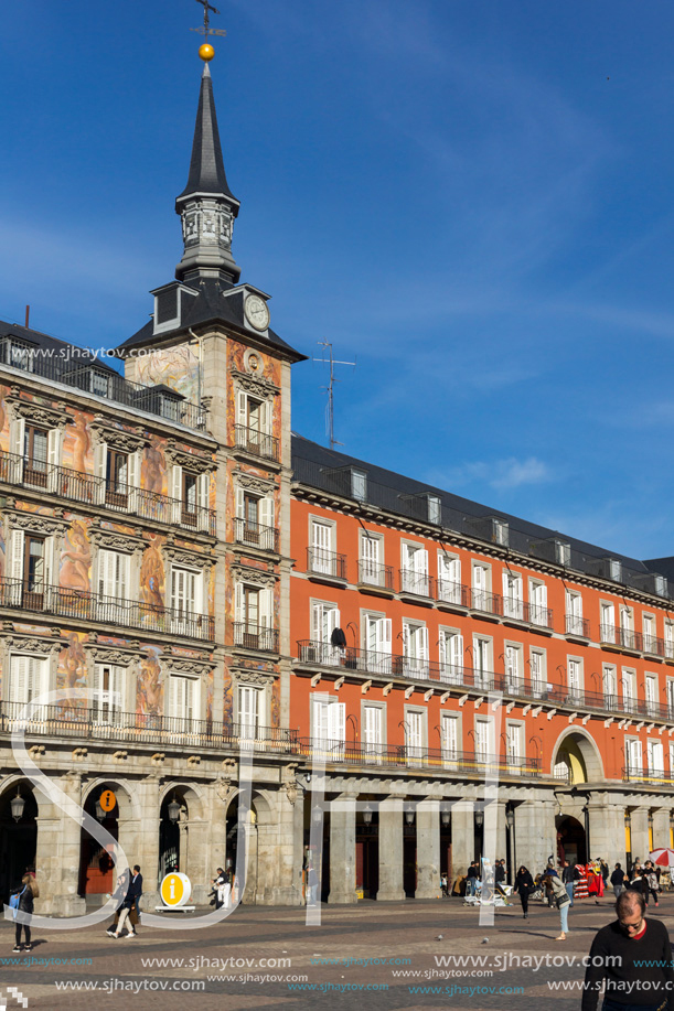 MADRID, SPAIN - JANUARY 23, 2018:  Facade of Buildings at Plaza Mayor in Madrid, Spain