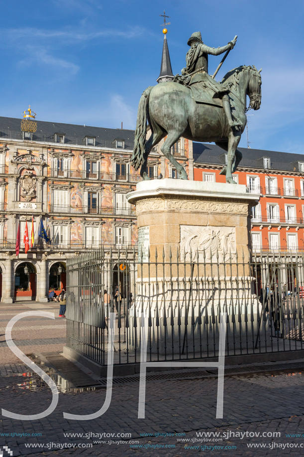 MADRID, SPAIN - JANUARY 23, 2018:  Facade of Buildings at Plaza Mayor in Madrid, Spain