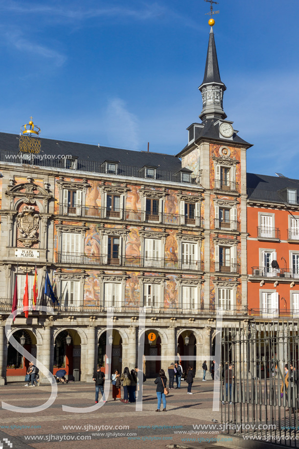 MADRID, SPAIN - JANUARY 23, 2018:  Facade of Buildings at Plaza Mayor in Madrid, Spain