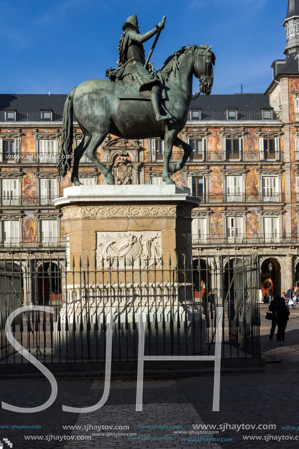 MADRID, SPAIN - JANUARY 23, 2018:  Facade of Buildings at Plaza Mayor in Madrid, Spain