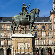 MADRID, SPAIN - JANUARY 23, 2018:  Facade of Buildings at Plaza Mayor in Madrid, Spain
