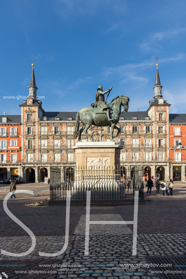 MADRID, SPAIN - JANUARY 23, 2018:  Facade of Buildings at Plaza Mayor in Madrid, Spain