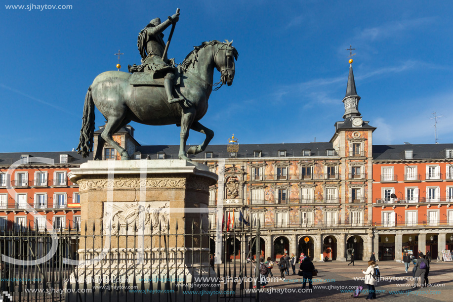 MADRID, SPAIN - JANUARY 23, 2018:  Facade of Buildings at Plaza Mayor in Madrid, Spain