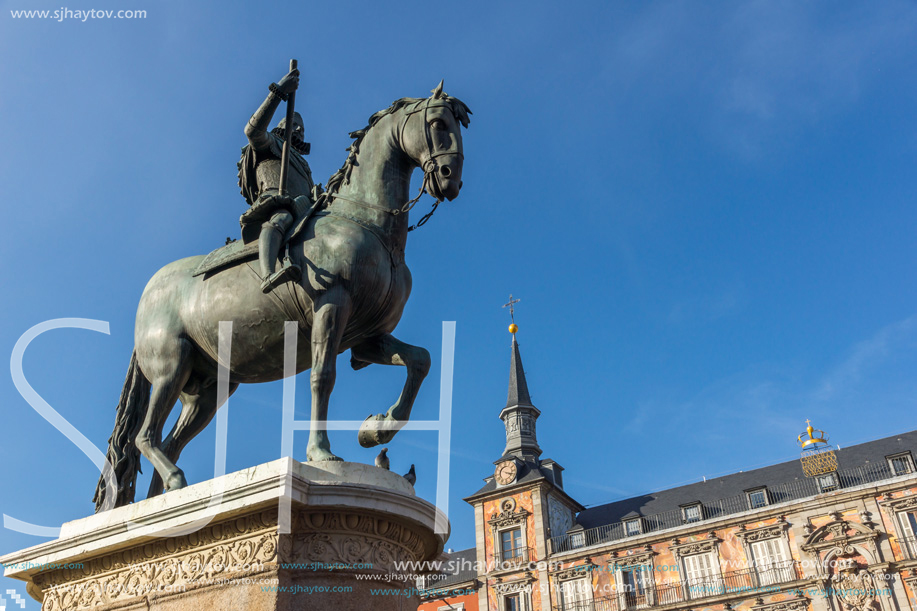 MADRID, SPAIN - JANUARY 23, 2018:  Facade of Buildings at Plaza Mayor in Madrid, Spain