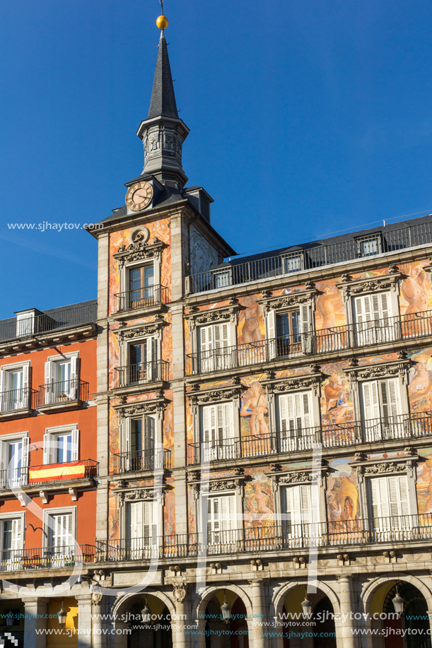 MADRID, SPAIN - JANUARY 23, 2018:  Facade of Buildings at Plaza Mayor in Madrid, Spain