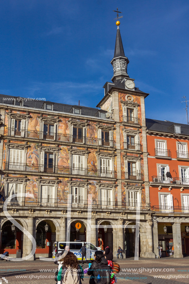 MADRID, SPAIN - JANUARY 23, 2018:  Facade of Buildings at Plaza Mayor in Madrid, Spain