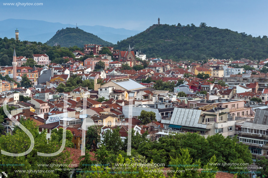 PLOVDIV, BULGARIA - MAY 24, 2018: Night Panoramic cityscape of Plovdiv city from Nebet Tepe hill, Bulgaria