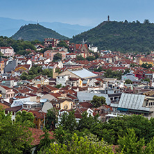 PLOVDIV, BULGARIA - MAY 24, 2018: Night Panoramic cityscape of Plovdiv city from Nebet Tepe hill, Bulgaria