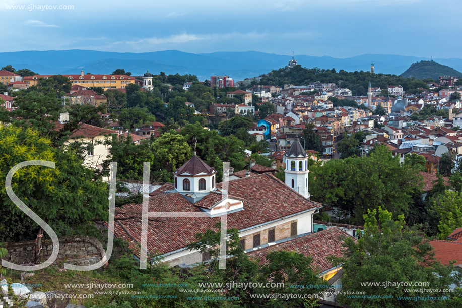 PLOVDIV, BULGARIA - MAY 24, 2018: Night Panoramic cityscape of Plovdiv city from Nebet Tepe hill, Bulgaria