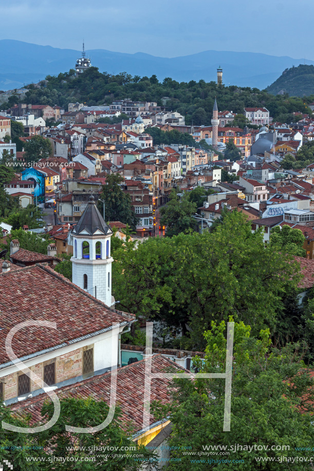 PLOVDIV, BULGARIA - MAY 24, 2018: Night Panoramic cityscape of Plovdiv city from Nebet Tepe hill, Bulgaria