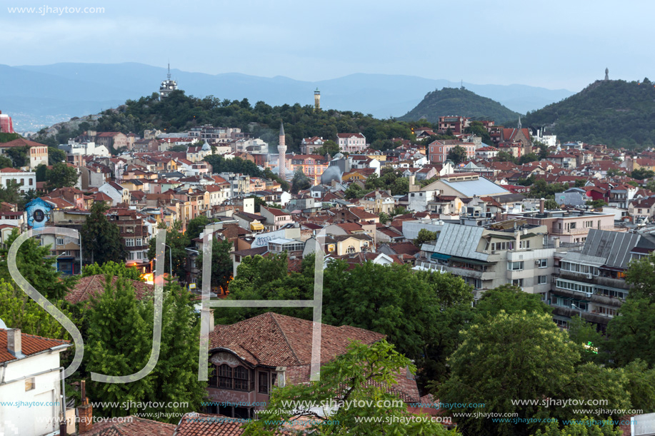 PLOVDIV, BULGARIA - MAY 24, 2018: Night Panoramic cityscape of Plovdiv city from Nebet Tepe hill, Bulgaria