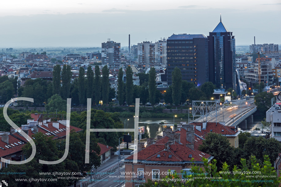 PLOVDIV, BULGARIA - MAY 24, 2018: Night Panoramic cityscape of Plovdiv city from Nebet Tepe hill, Bulgaria