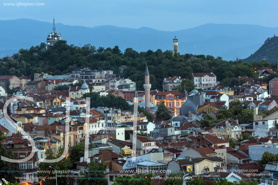 PLOVDIV, BULGARIA - MAY 24, 2018: Night Panoramic cityscape of Plovdiv city from Nebet Tepe hill, Bulgaria