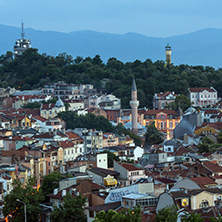 PLOVDIV, BULGARIA - MAY 24, 2018: Night Panoramic cityscape of Plovdiv city from Nebet Tepe hill, Bulgaria