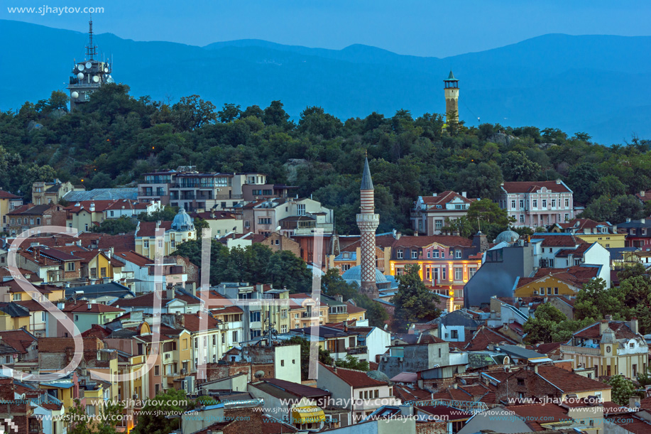 PLOVDIV, BULGARIA - MAY 24, 2018: Night Panoramic cityscape of Plovdiv city from Nebet Tepe hill, Bulgaria