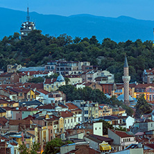 PLOVDIV, BULGARIA - MAY 24, 2018: Night Panoramic cityscape of Plovdiv city from Nebet Tepe hill, Bulgaria
