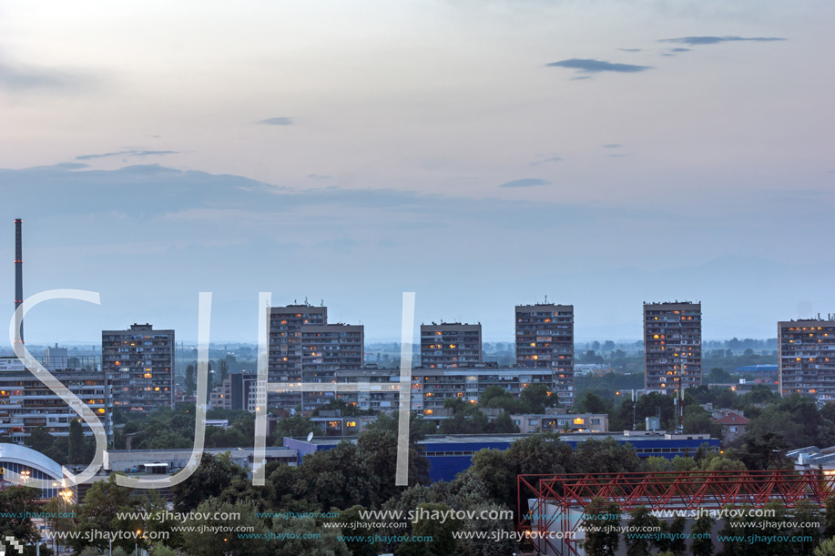 PLOVDIV, BULGARIA - MAY 24, 2018: Night Panoramic cityscape of Plovdiv city from Nebet Tepe hill, Bulgaria