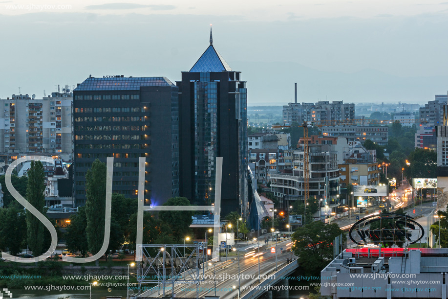 PLOVDIV, BULGARIA - MAY 24, 2018: Night Panoramic cityscape of Plovdiv city from Nebet Tepe hill, Bulgaria