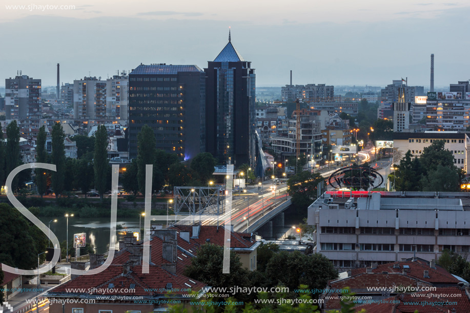 PLOVDIV, BULGARIA - MAY 24, 2018: Night Panoramic cityscape of Plovdiv city from Nebet Tepe hill, Bulgaria