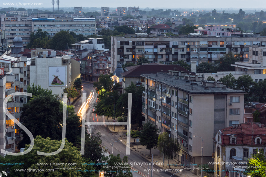 PLOVDIV, BULGARIA - MAY 24, 2018: Night Panoramic cityscape of Plovdiv city from Nebet Tepe hill, Bulgaria