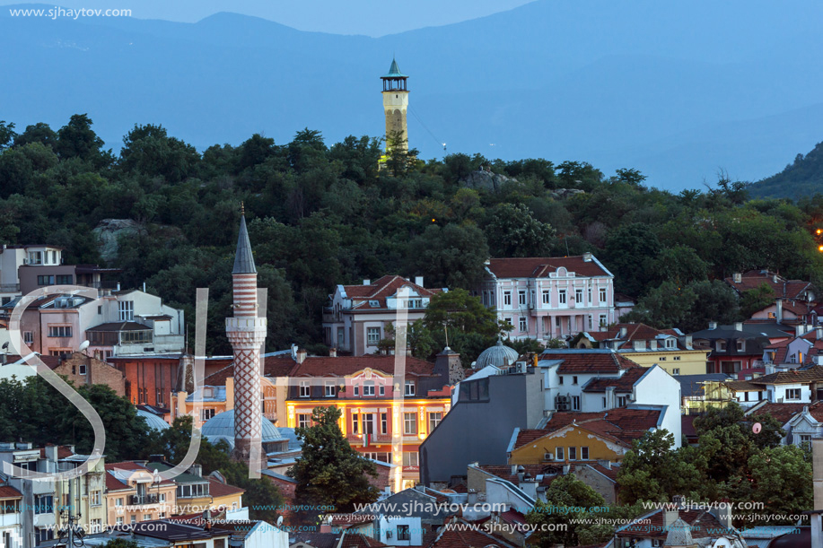 PLOVDIV, BULGARIA - MAY 24, 2018: Night Panoramic cityscape of Plovdiv city from Nebet Tepe hill, Bulgaria