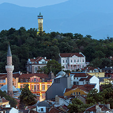 PLOVDIV, BULGARIA - MAY 24, 2018: Night Panoramic cityscape of Plovdiv city from Nebet Tepe hill, Bulgaria