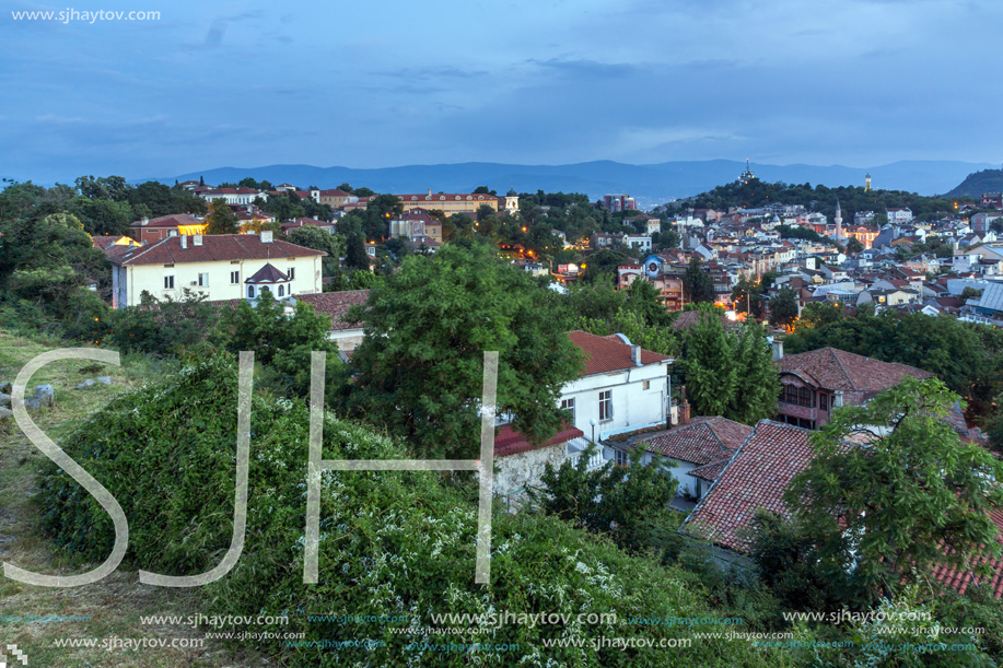 PLOVDIV, BULGARIA - MAY 24, 2018: Night Panoramic cityscape of Plovdiv city from Nebet Tepe hill, Bulgaria