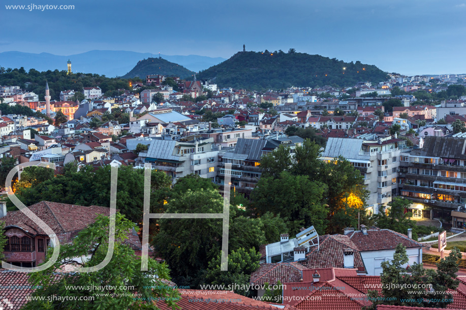 PLOVDIV, BULGARIA - MAY 24, 2018: Night Panoramic cityscape of Plovdiv city from Nebet Tepe hill, Bulgaria