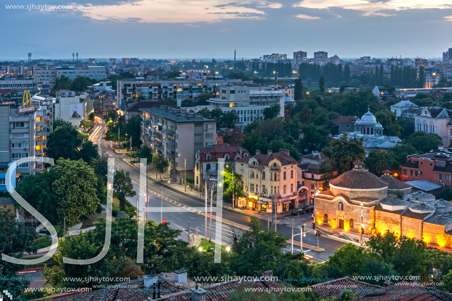 PLOVDIV, BULGARIA - MAY 24, 2018: Night Panoramic cityscape of Plovdiv city from Nebet Tepe hill, Bulgaria