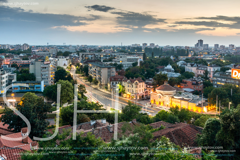 PLOVDIV, BULGARIA - MAY 24, 2018: Night Panoramic cityscape of Plovdiv city from Nebet Tepe hill, Bulgaria