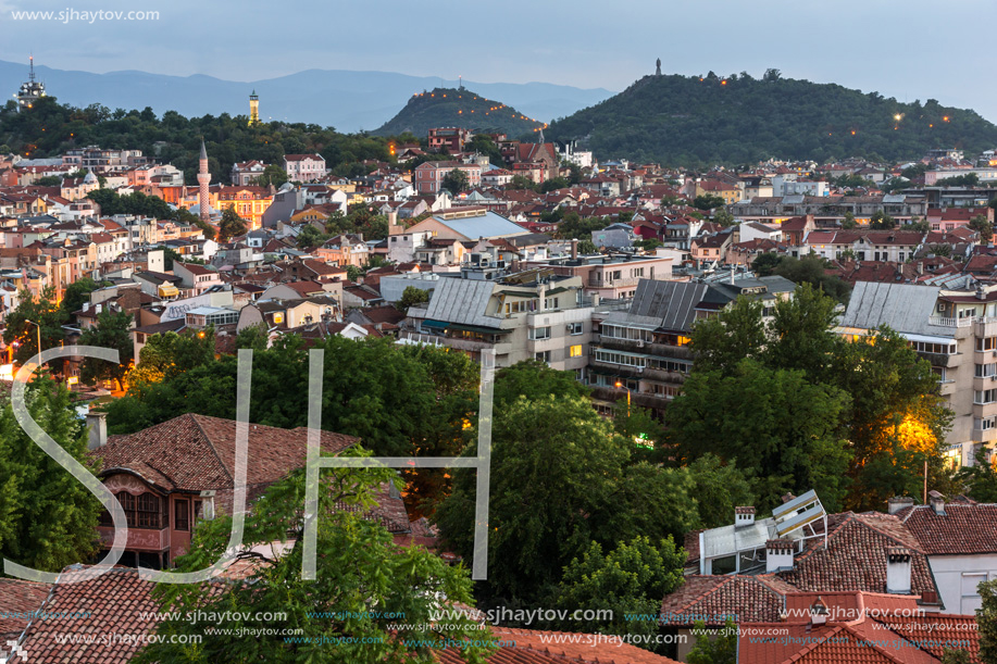 PLOVDIV, BULGARIA - MAY 24, 2018: Night Panoramic cityscape of Plovdiv city from Nebet Tepe hill, Bulgaria