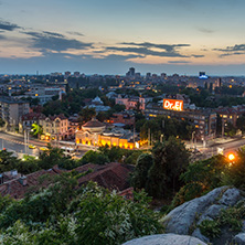 PLOVDIV, BULGARIA - MAY 24, 2018: Night Panoramic cityscape of Plovdiv city from Nebet Tepe hill, Bulgaria