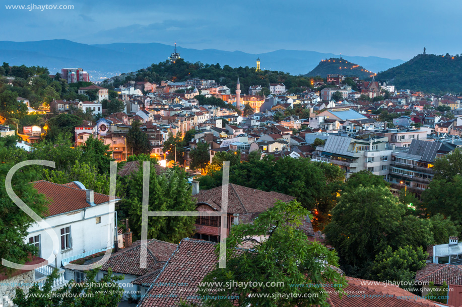 PLOVDIV, BULGARIA - MAY 24, 2018: Night Panoramic cityscape of Plovdiv city from Nebet Tepe hill, Bulgaria