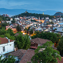 PLOVDIV, BULGARIA - MAY 24, 2018: Night Panoramic cityscape of Plovdiv city from Nebet Tepe hill, Bulgaria