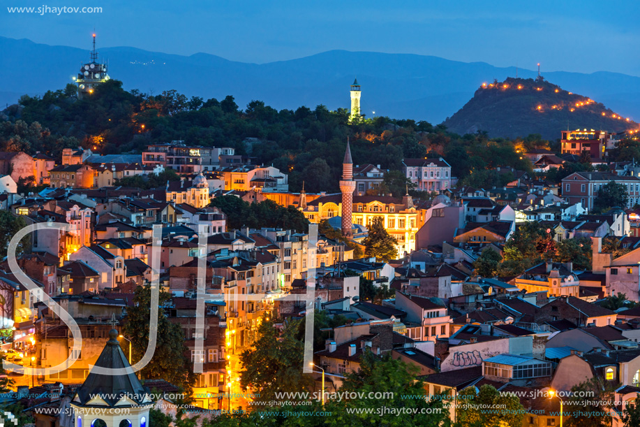 PLOVDIV, BULGARIA - MAY 24, 2018: Night Panoramic cityscape of Plovdiv city from Nebet Tepe hill, Bulgaria