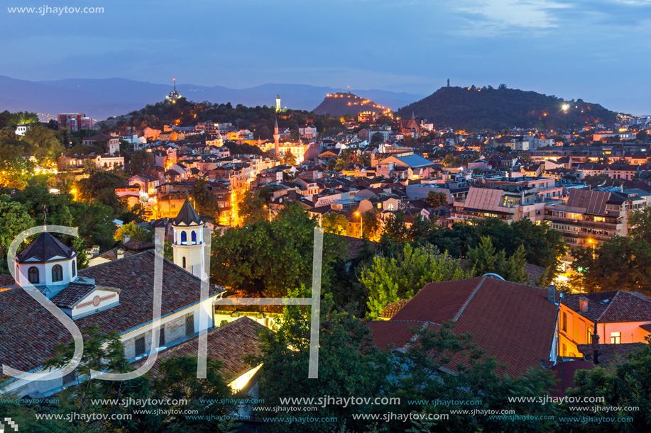 PLOVDIV, BULGARIA - MAY 24, 2018: Night Panoramic cityscape of Plovdiv city from Nebet Tepe hill, Bulgaria