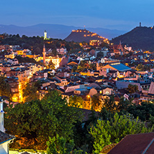 PLOVDIV, BULGARIA - MAY 24, 2018: Night Panoramic cityscape of Plovdiv city from Nebet Tepe hill, Bulgaria