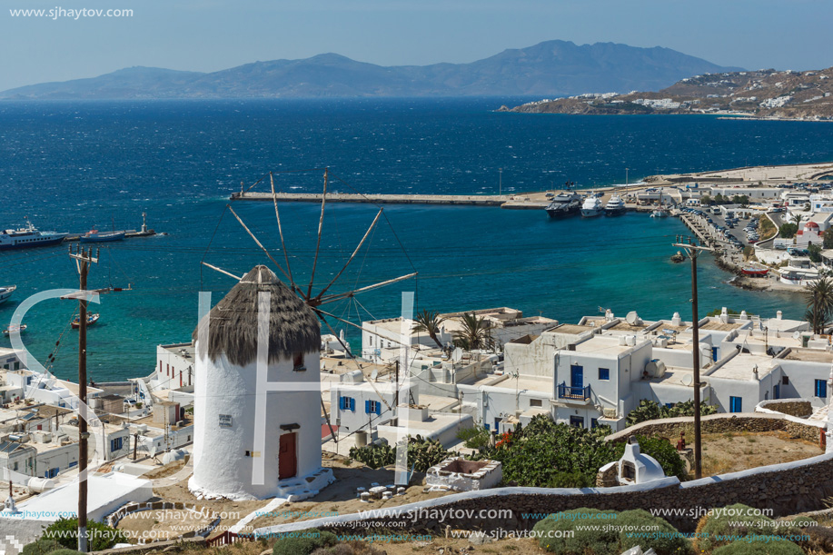 Amazing view of White windmills on the island of Mykonos, Cyclades, Greece